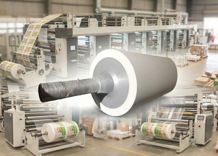 Cấu tạo trục cán màng gồm lõi thép cường lực bọc cao su hoặc PU, dùng cho máy ghép màng.