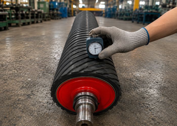 Đo kiểm chuẩn độ cứng Shore cho rulo máy nhám thùng giúp đảm bảo lực ép, tránh lỗi mẻ cạnh