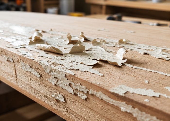 Hiện tượng màng sơn không bám và phồng rộp làm giảm thẩm mỹ nghiêm trọng trên bề mặt ván gỗ nội thất
